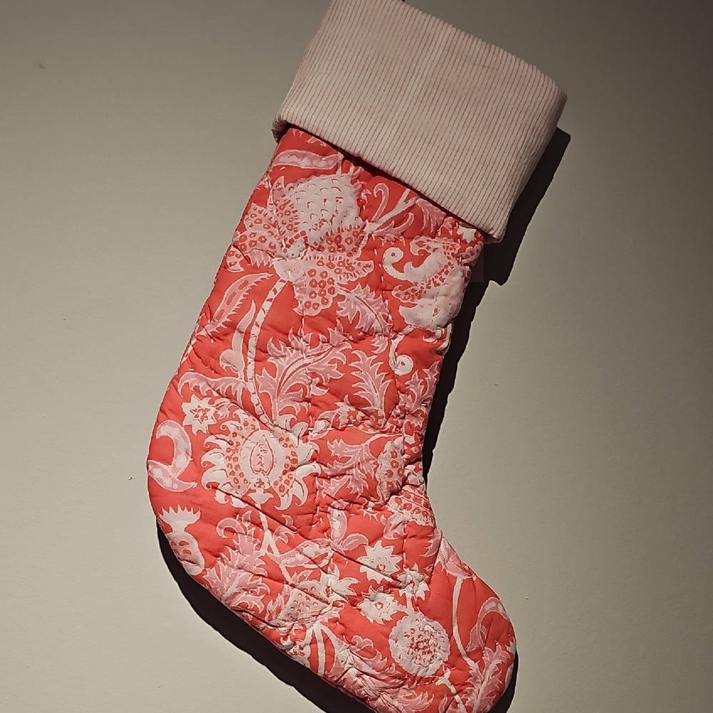 Roller Rabbit Coral Floral Quilted Christmas Stocking